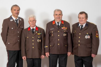Kommando von 1991-2011: v.l.n.r.: HVM Heinz Wanko, BI Franz Zeugswetter, OBI Josef Steininger, V Johann Wagner (Foto aus 2024)